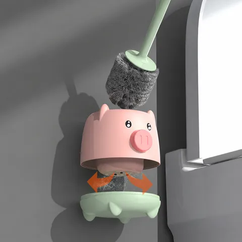 Creative Plastic Cartoon Pig Toilet Brush Set Long Handle Cleaning Brush With Drainage Base For Bathroom Home