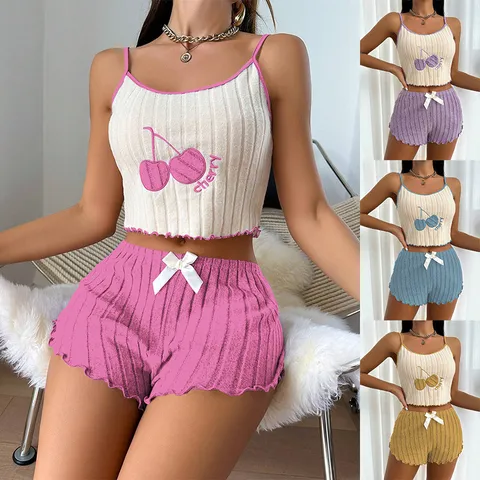 Femmes Sexy Tricot Côtes Caraco Et Shorts Pyjama Ensemble Cerise Brodé Mignon Vêtement D'Intérieur Haut Et Bas Vêtement De Nuit