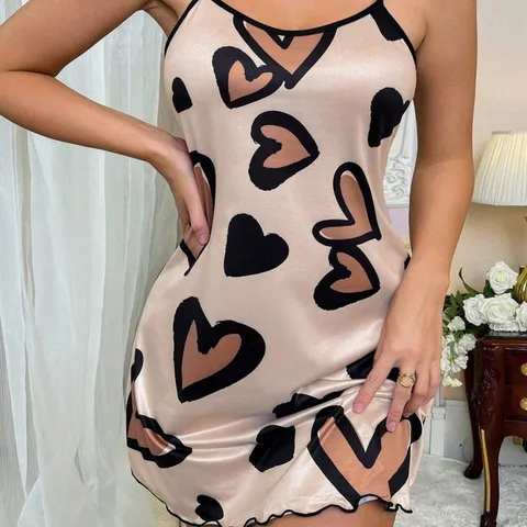 Donna Sexy Scollo a V Sottoveste Camicia da Notte Raso Poliestere Cuore Farfalla Stampa Senza Maniche Chemise