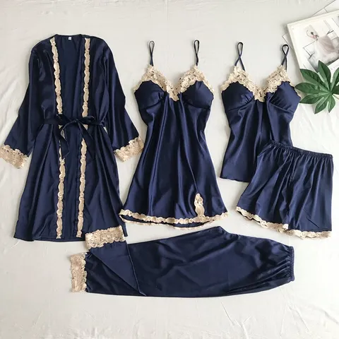 Set Pigiama in Satino da Donna Sexy Finitura in Pizzo Abbigliamento da Notte Vestaglia Cami Top Pantaloncini Pantaloni Lunghi Casual