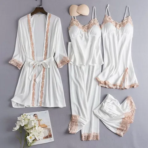 Damen Luxus Satin Pyjama Set 5 Stück Nachtwäsche V-Ausschnitt Unterkleid Bademantel Shorts Hose Mit Brustpolster