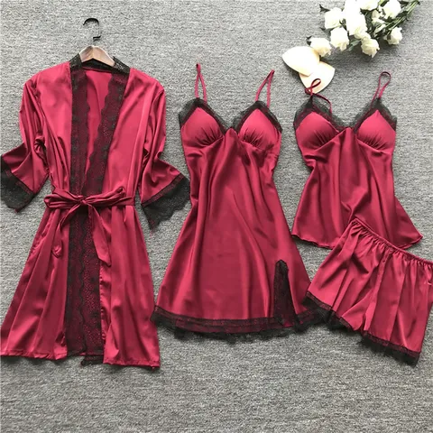 Donna Sexy Satin Pigiama Set Quattro Pezzi Canotta Vestaglia Pantaloncini Abbigliamento Notturno Scollo a V Pizzo Patchwork