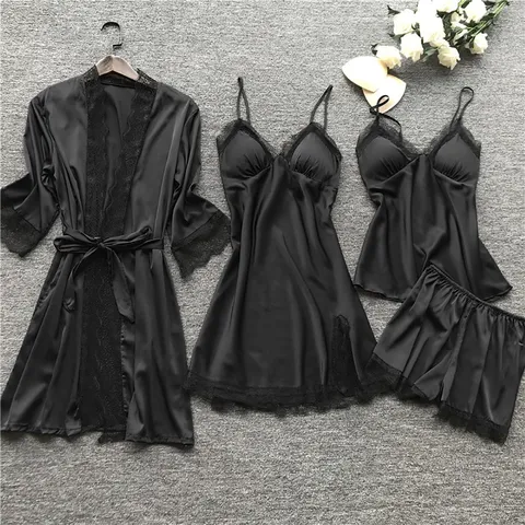Donna Sexy Satin Pigiama Set Quattro Pezzi Canotta Vestaglia Pantaloncini Abbigliamento Notturno Scollo a V Pizzo Patchwork