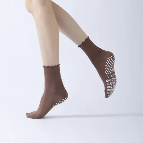 Dames Katoen Ruffle Yoga Sokken Antislip Vloer Sport Ademend Zweetabsorberend Morandi Effen Kleur Halverwege de Kuit Sokken