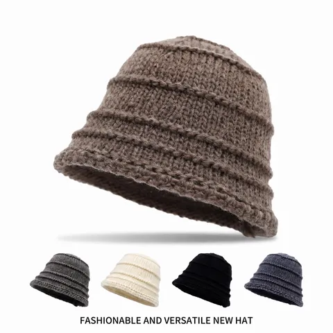 Women's Knitted Bucket Hat Winter Warm 3D Pleated Texture Rolled Brim Fisherman Cap Korean Style Solid Color Soft Winter Hat
