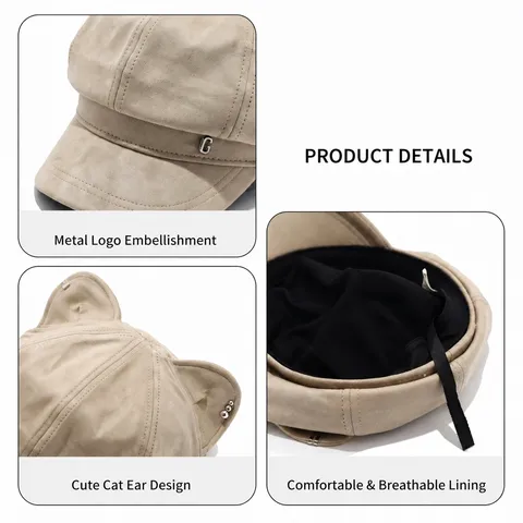 Cute Cat Ear Newsboy Cap For Women Sweet Octagonal Hat Faux Suede Painter Beret With Metal Letter G Pearl Decoration Winter Warm Fashion Accessory
