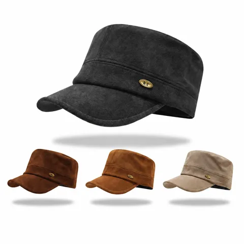 Korean Style Flat Top Equestrian Hat Women Vintage Newsboy Cap Winter Warm Suede Baker Boy Cap With Metal Label Adjustable
