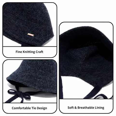 Women Minimalist Polyester Knit Bucket Hat Warm Windproof Lace-Up Solid Color Short Brim Round Top Autumn Winter Versatile Bonnet