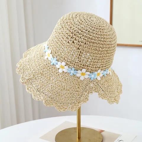 Cappello di Paglia di Carta da Donna Intrecciato a Mano con Margherita Fiore Estivo Tesa Larga Traspirante Pieghevole Parasole da Spiaggia