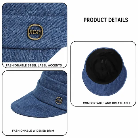 Cappello da Equitazione in Denim Giapponese da Donna Pieghettato Tinta Unita Tesa Larga Newsboy Cap Cotone per Pendolari