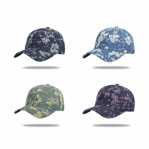 Vintage Baumwolle Denim Tie Dye Baseballkappe Strass Stern Mond Muster Breite Krempe Verstellbar Mode Sonnenhut Für Damen Herren