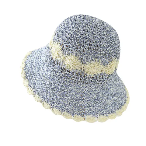 Women Summer Lace Hollow Paper Straw Hat Foldable Beach Sun Bucket Hat Wide Brim Breathable Shade Hat For Vacation Lady