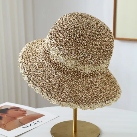 Women Summer Lace Hollow Paper Straw Hat Foldable Beach Sun Bucket Hat Wide Brim Breathable Shade Hat For Vacation Lady