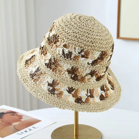 Women Fashion Paper Straw Bucket Hat Floral Pattern Crochet Straw Sun Hat For Summer Beach Vacation Sunshade Foldable Hat