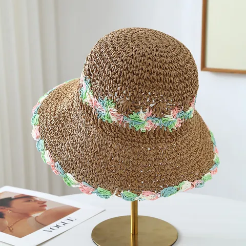 Pastoral Style Flower Woven Straw Hat For Women Summer Beach Vacation Foldable Wide Brim Sun Hat Breathable Paper Straw Fisherman Hat