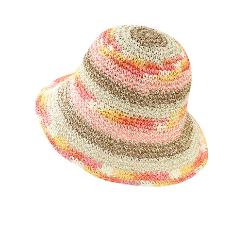 Women Rainbow Woven Paper Straw Sun Hat Summer Wide Brim Foldable Beach Vacation Fisherman Hat Hollow Breathable Bucket Hat