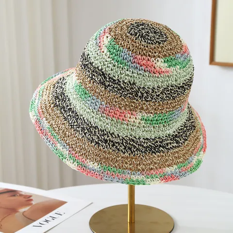 Women Rainbow Woven Paper Straw Sun Hat Summer Wide Brim Foldable Beach Vacation Fisherman Hat Hollow Breathable Bucket Hat