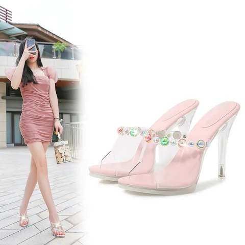 Vrouwen Strass Stiletto Hoge Hakken Transparant Kristal PVC Open Teen Sandalen Sexy Nachtclub Feest Schoenen