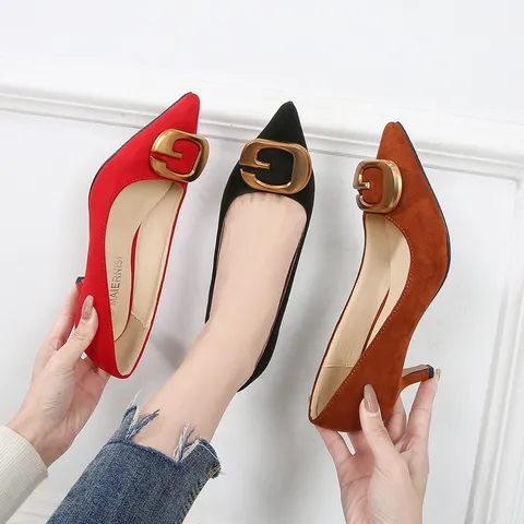 Mujeres Moda Punta Estilizada Tacón Medio Zapatos de Salón Ante Zapatos Con Hebilla Metálica Calzado Casual Diario