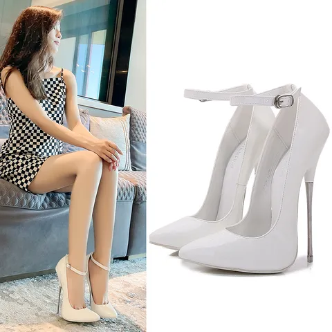 Women's Sexy High Heels Stiletto Metal Heel Patent Leather Pointed Toe Ankle Strap Pumps Nightclub Party Shoes