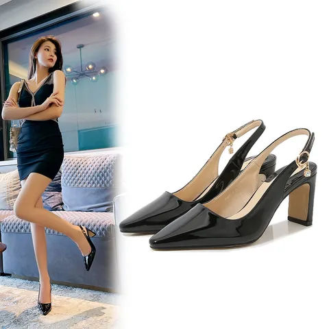 Women's Patent Leather Pointed Toe Chunky Mid Heel Slingback Pumps Elegant Office Casual Dress Shoes