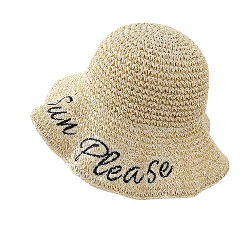 Cappello a Secchiello in Paglia di Carta da Donna Estivo Ricamato Sun Please Traforato Traspirante a Tesa Larga per Vacanze al Mare