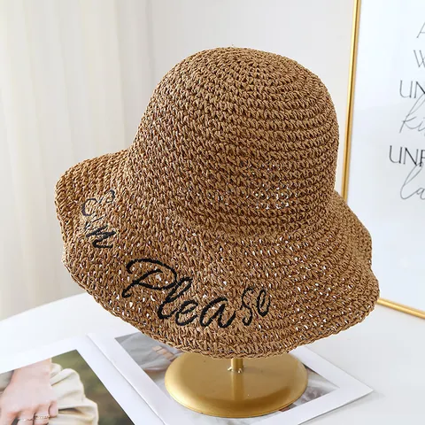 Cappello a Secchiello in Paglia di Carta da Donna Estivo Ricamato Sun Please Traforato Traspirante a Tesa Larga per Vacanze al Mare