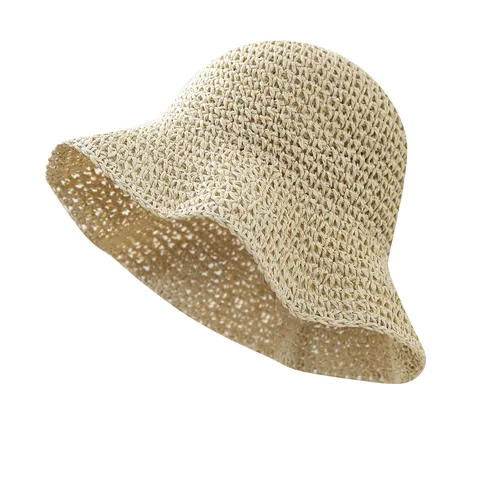 Handwoven Paper Straw Sun Hat For Women Summer Beach Wide Brim Sunshade Bucket Hat Adjustable Foldable Travel Hat