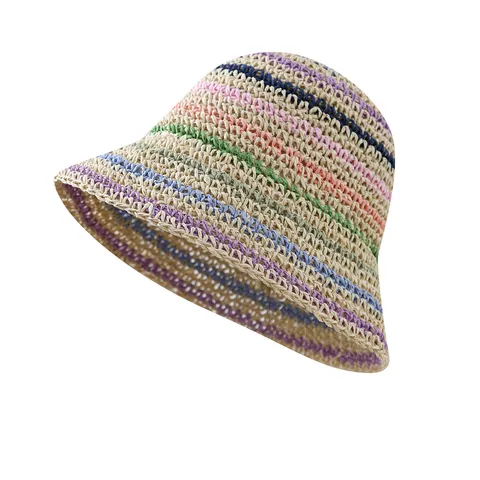 Women Fashion Straw Hat Wide Brim Colorful Stripes Paper Straw Bucket Hat Breathable Sunshade Beach Vacation Sun Protection Hat
