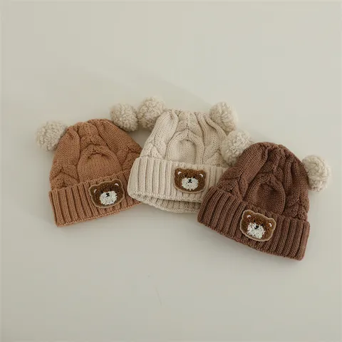 Baby Knit Beanie Hat Winter Warm Bear Patch Double Pom Pom Ear Protection Cap For Infants Toddlers Boys Girls Soft Acrylic Crochet Beanie