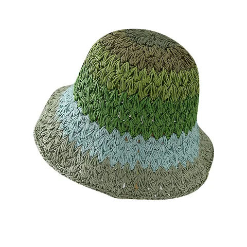Dopamine Multi-Color Gradient Straw Hat For Women Breathable Paper Straw Sun Protection Foldable Beach Vacation Sunscreen Bucket Hat