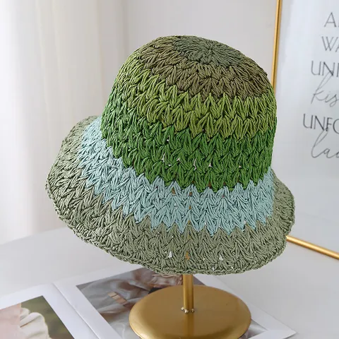 Dopamine Multi-Color Gradient Straw Hat For Women Breathable Paper Straw Sun Protection Foldable Beach Vacation Sunscreen Bucket Hat