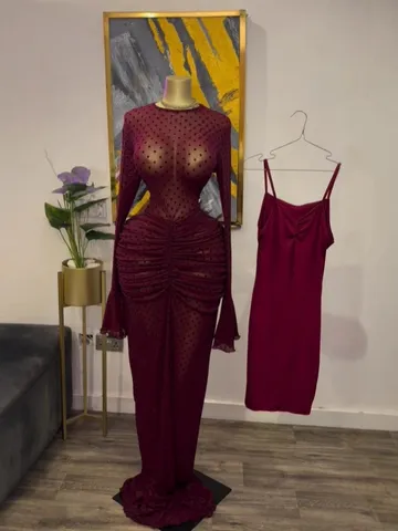 Women Casual Long Sleeve Flocked Mesh Sheer Pleated Maxi Dress Elegant O-Neck High Waist Two Piece Dress Set