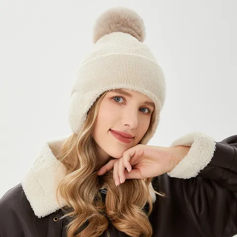 Damen Winter Thermo Ohrenklappenmütze Bouclé Garn Strickmütze Einfarbig Winddicht Outdoor Radfahren Strick Mütze Mit Pompon