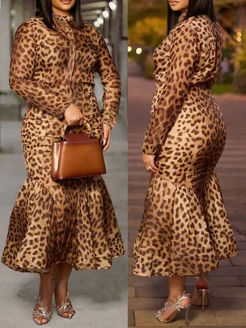 Megala Megethi Gynaikeia Leopard Makry Maniki Fishtail Skirt Set Casual Elegant Outfit