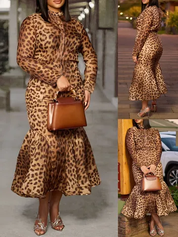 Megala Megethi Gynaikeia Leopard Makry Maniki Fishtail Skirt Set Casual Elegant Outfit