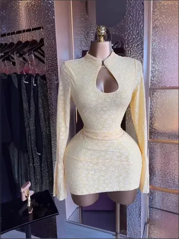 Women's Sexy Long Sleeve Hollow Out Jacquard Bodycon Mini Dress Sweet Cute Two Way Wear Party Club Dress