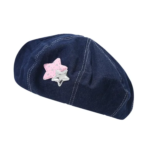Koreaanse Stijl Denim Baret Hoed Voor Vrouwen Mode Kunstenaar Schilder Cap Met Knoop Ster Kers Borduurwerk Jean Hoed