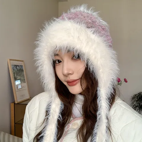 Gorro de Felpa Cálido con Orejeras para Mujer Estilo Coreano Dopamina Gorro Lei Feng a Prueba de Viento Resistente al Frío Suave