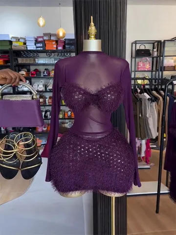 Women Sexy Sheer Mesh Long Sleeve Fuzzy Trim Spliced Purple Mini Dress Club Party Night Out Elegant Outfit