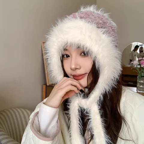 Gorro de Felpa Cálido con Orejeras para Mujer Estilo Coreano Dopamina Gorro Lei Feng a Prueba de Viento Resistente al Frío Suave