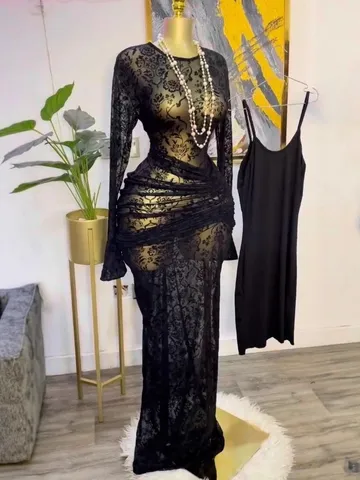 Women's Sexy Floral Flocking Mesh Long Sleeve Maxi Dress Slim Fit High Waist Bodycon Dress With Inner Slip