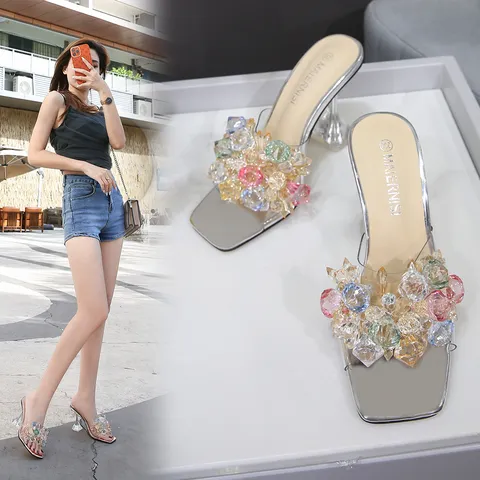 Women's Transparent PVC Rhinestone Crystal High Heel Slippers Square Toe Stiletto Mules Fashion Party Shoes