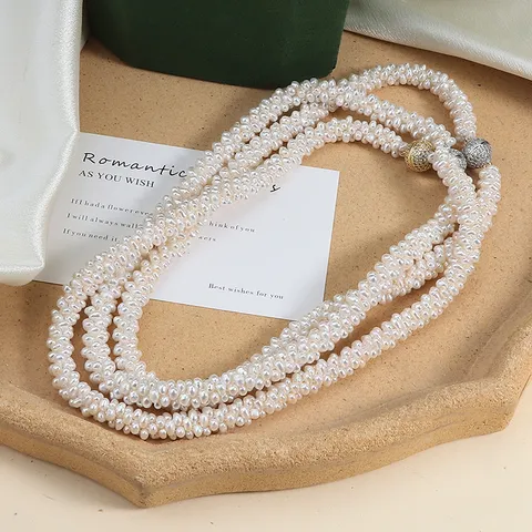 Elegante Süßwasserperlen Gewebte Halskette Kupfer Strass Magnetverschluss Handgefertigter Perlschmuck Für Damen Hochzeit