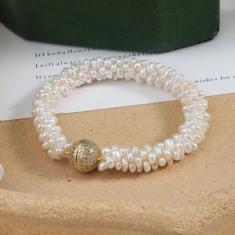 Elegante Süßwasserperlen Gewebte Halskette Kupfer Strass Magnetverschluss Handgefertigter Perlschmuck Für Damen Hochzeit