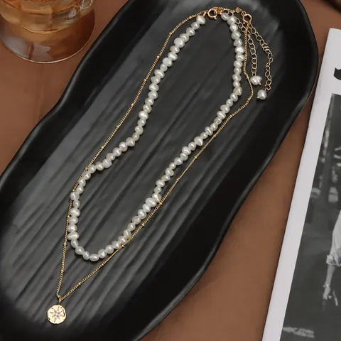 Doppellagiges Stapeln Süßwasserperle Kette Für Damen Kupfer 18K Gold Gefüllt Unregelmäßiges Barock Perle Stern Münze Anhänger Abnehmbare Layering Kette Modeschmuck Geschenk