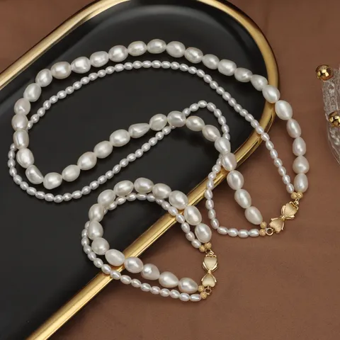 Juego De Collar Y Pulsera De Perlas De Agua Dulce Barrocas De Doble Capa Con Hebilla De Lazo Joyería Vintage Elegante Para Mujer