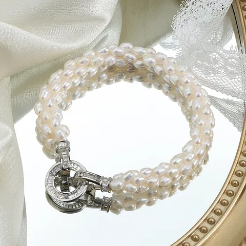 Natürliche Süßwasserperlenkette Handgefertigtes Reisperlenarmband Mit Strassverschluss Vintage Eleganter Schmuck Für Damen