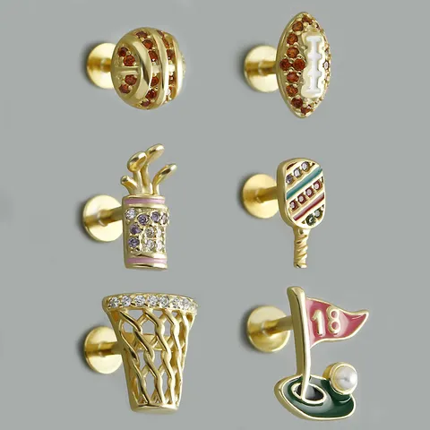 Orecchini a Bottone S925 in Argento Sterling Sportivi Basket Rugby Golf Racchetta per Donna Con Strass Gioielli da Piercing