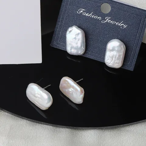 Vintage Natural Freshwater Baroque Pearl Stud Earrings With 925 Sterling Silver Post Rectangular Chewing Gum Shape Earrings For Women